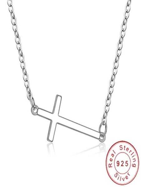 Dainty Real 925 Sterling Sterling Orizzontale Lateways Cross Collana semplice Crucifice senza collo Celebrità ispirata Gioielli SN011 Choke1498896