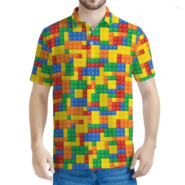 Polos de polos masculinos coloridos blocos de construção padrão camisas pólo homens crianças 3d camiseta impressa na rua de verão mangas curtas y2k tops lotos camisetas camisetas