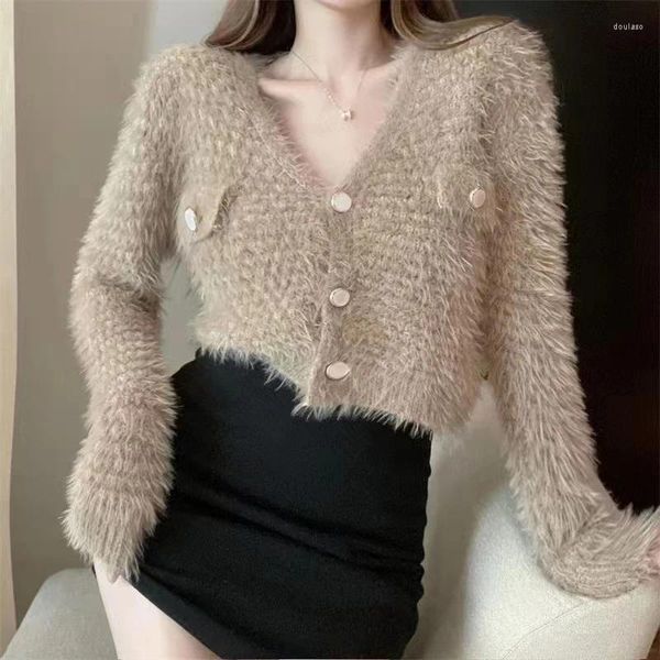 Женские трикотажные вязание Gidyq Fashion Women Cardigan Sweater Корейский повседневное сексуальное укороченное пальто осень Все матч Большие кнопки вязаные вершины