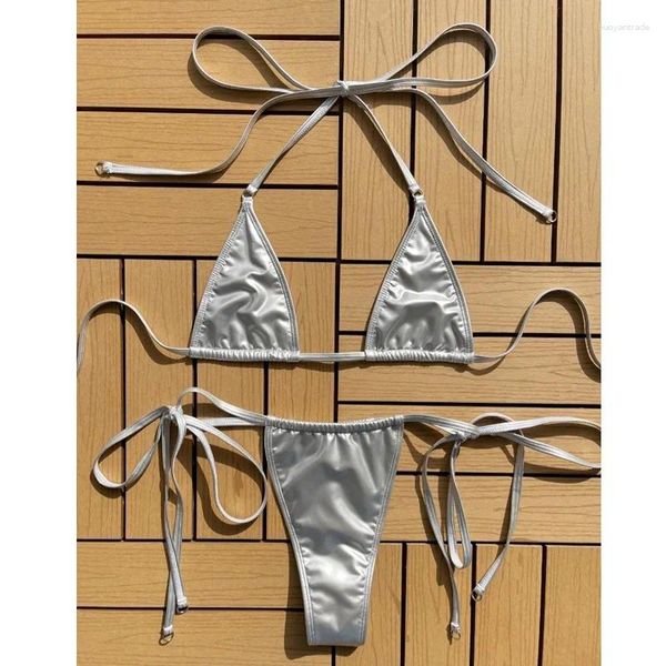 Damen Badebekleidung Metallic 2 Stück Badeanzug Mikrodreieck Halfter Selbstbindung Cheeky Bikini Set