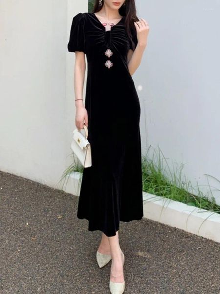 Partykleider Frauen schwarzer Samt Trompete Midi Kleid Schlanker V-Ausschnitt Kurzarm Diamant verziert weibliche Hochtailelrobe für