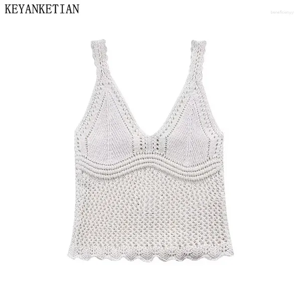 Frauen Tanks Keyanketian 2024 Start Bohemian Urlaub Wind Hohlloch -Out Häkelkamisole Sommer dünne Schlanke Strickweste Crop Top