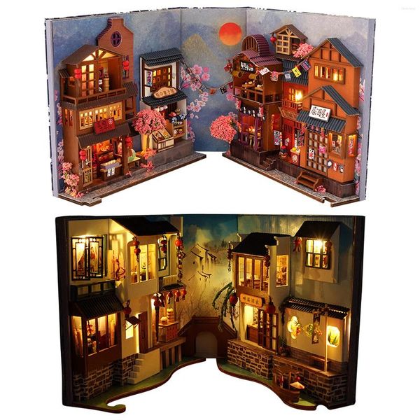 Dekorative Figuren DIY Book Nook Regal Insert Kits Miniatur Dollhouse mit Möbelzimmerkasten Kirschblüten Buchungen Japanischer Laden