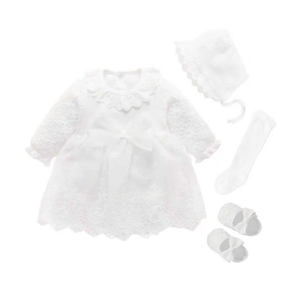 Taufkleider Neugeborenes Mädchen Kleid 0 3 6 Monate Prinzessin Pink White Baptist Party Hut Schuhe Socken Set Q240507