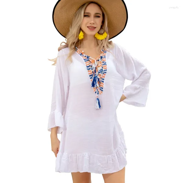 Frauen Badeanzug Frau 2024 Kimono Langarmed Kleid Smock Boho Style Strandrock Sommer Sonnenschutz Klimaanlage