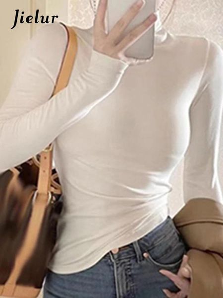 Damen T-Shirts weiße Langarm Slim Basic T-Shirts Feste Farbe Mode hoher Kragen Einfache leichte Stretch-Chic-Frauenblusen