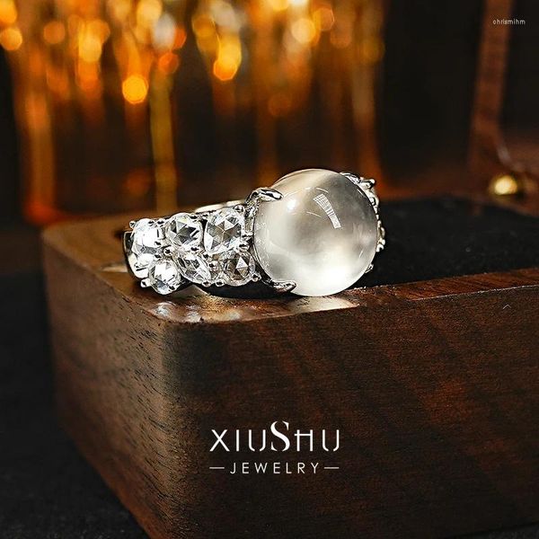 Clusterringe hohe Fluoreszenzglas Wasserschaum Jade 925 Sterling Silber Ring Set mit Kohlendiamant -Quarz -Fels Hochzeit Schmuck