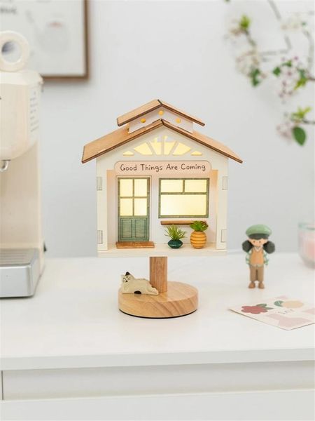 Tischlampen Nordic Cartoon House Modellierung Holzkunst süße Mädchen Schlafzimmer Nacht