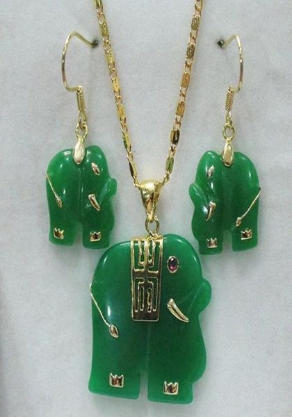 Brincos de colar branco de elefante de elefante verde natural de jade