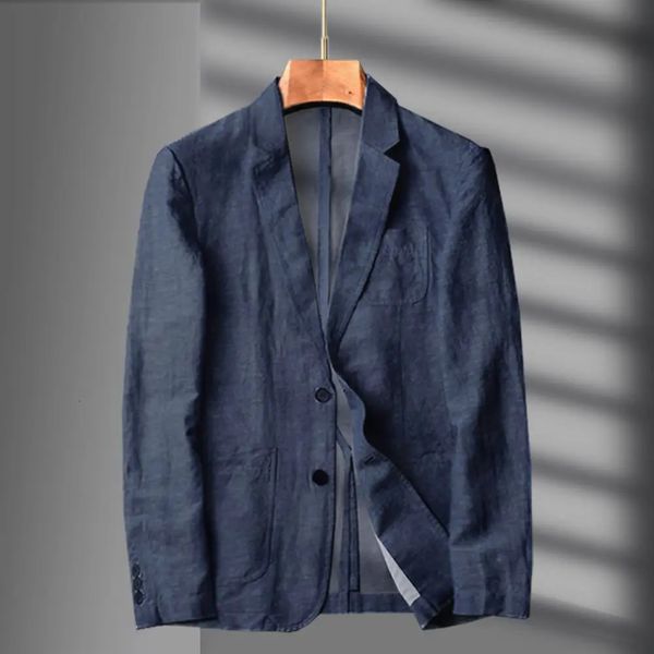 Marine Blue Leinen Blazer Männer Sommer lässig Anzug Single Jacke für Black Spring and Herbst Business 240422