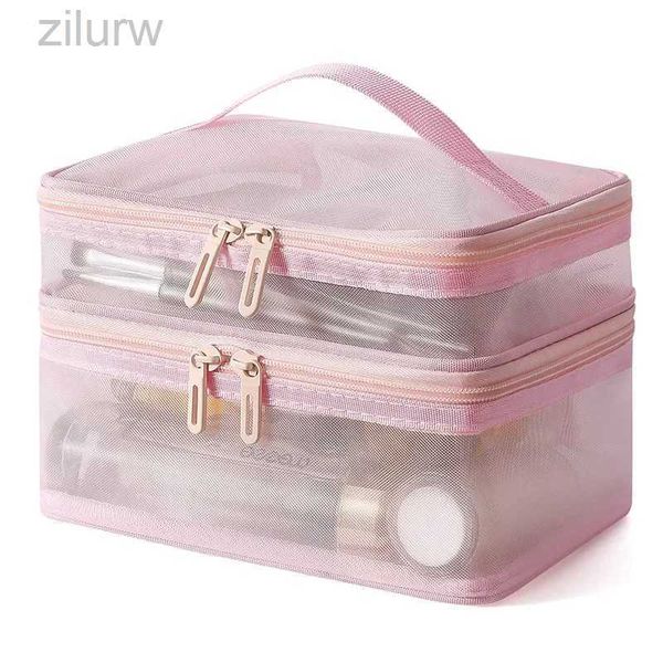 Kosmetische Taschen Pink Doppelschicht Mesh Make -up -Beutel Frauen tragbare Make -up -Box große Kapazität Reise Reißverschluss Make -up -Organisator Make -up -Box D240425