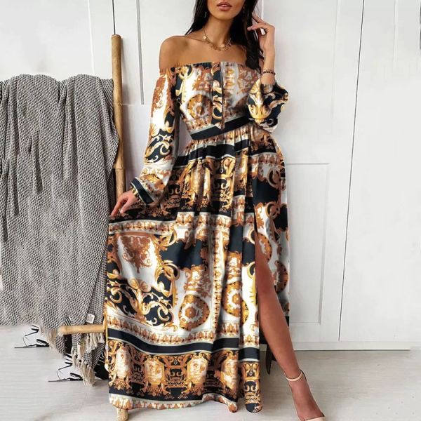 Роскошные платья Макси платья для женщин Vestido de Mujer Summer Night Dr Printed E-плечевой пуловер LG-нало