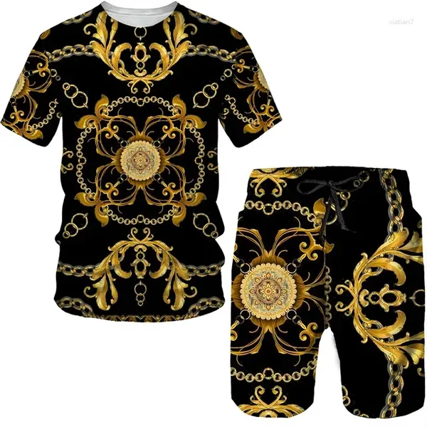 Herren Traursanzuiten Sommer Luxus Golden Blumendruck 3d Männer Frauen Tees Anzüge Vintage Barock Muster T-Shirts Shorts Set Mode zweiteilig