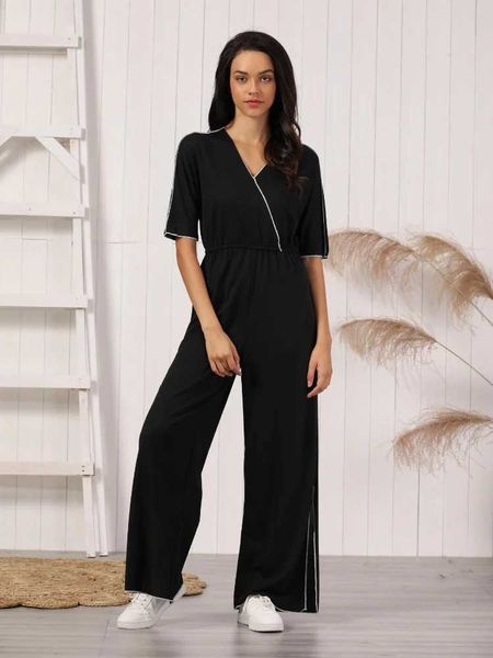 Jumpsuits von Frauen, die schwarze Split Wide Leg Womens Jumpsuit Einheitlich ein Stück Kurzschleifen Herbst -Outfits Playsuit Fe Deep V Hals Strampler D240507