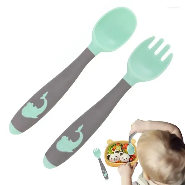 Geschirrsets Sets Silikongabeln und Löffel Selbstfressen flach für kinder für hitzebeständige Fütterungsset Anti-Choke Easy Grip von 2