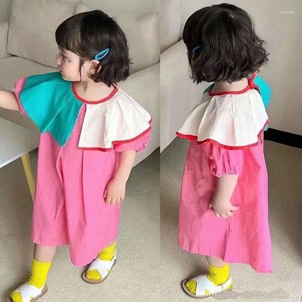 Mädchenkleider Sommer Patchwork Farbe Lotus Kragen Puffhülle Kurz gekräuselte Prinzessin Kleid Kinderpuppe und Kalbsrock