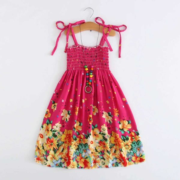 Vestidos de menina vestido de verão garota floral com bainha plissada bohemian praia vestido de princesa roupas meninas 2 6 8 12 anos com colar presentel2405