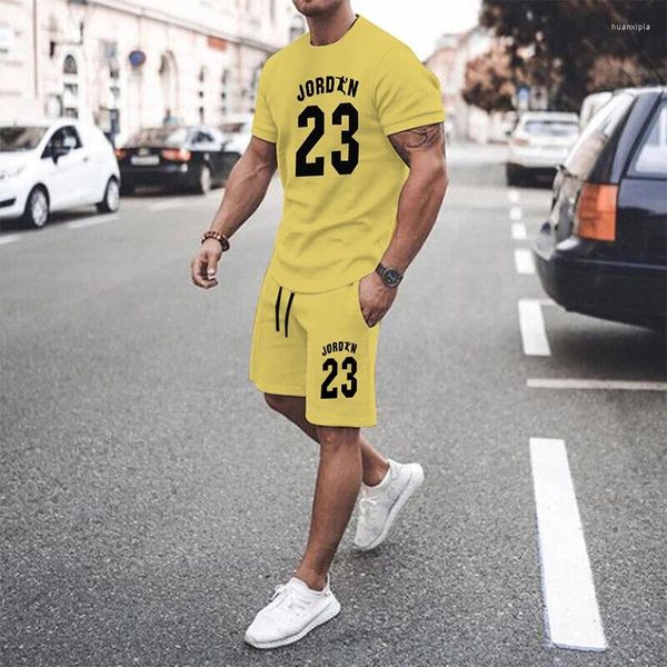 Erkek Trailtsits Sarı yaz örgü hip-hop basketbol t-shirt 23 baskılı erkekler boş zaman giyim sokak giysisi şortları üstleri 2 parçalı set