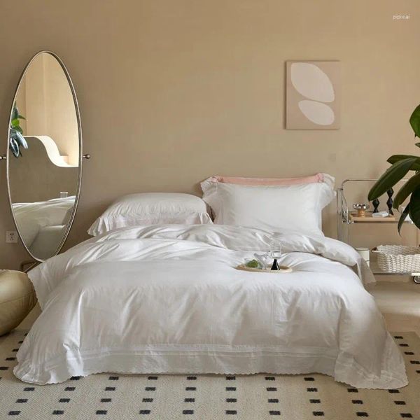 Conjuntos de roupas de cama de algodão lavado premium premium simples conjunto princesa francesa renda travessa de bordas de bordas de bordas de bordas de bordo