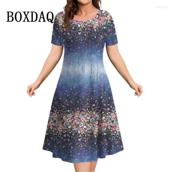 Vestidos de festa 2024 Mulheres vintage 3D Flores imprimindo manga curta Moda de pulôver casual de verão LOW PLUS TAMANHA SENHORAS