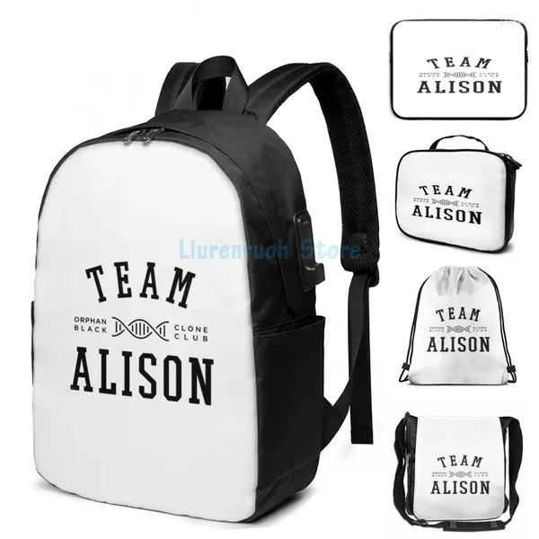 Rucksack lustiges Grafikdruckteam Alison Orphan Black USB -Ladung Männer Schultaschen Frauen Bag Travel Laptop