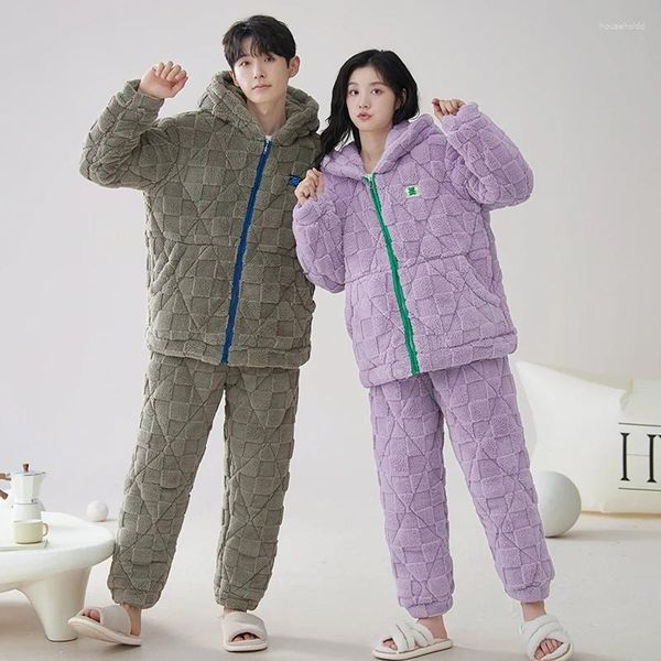 Frauen Nachtwäsche Est Paar Kapuze -Pyjamas dicke 3 Schichten Pyjama Winter Strickte Baumwoll -Pyjamas Frauen Männer Zuhause Trage