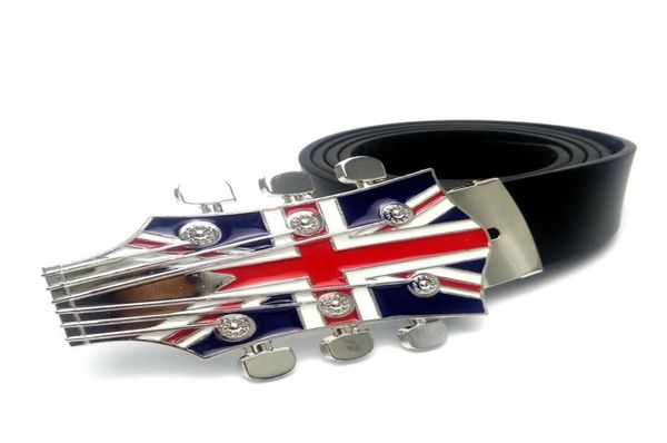 Cintos masculinos para jeans com música de música Union Jack Guitar Belt Buckle Metal Black PU Leather Men Cintos Cuero Hombre7779473