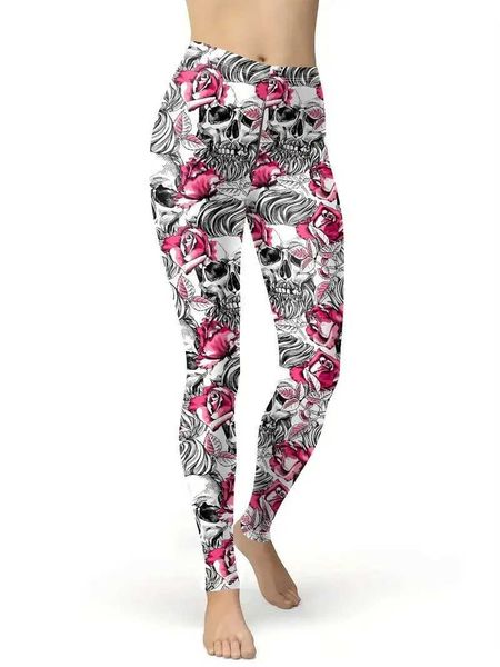 As leggings femininas Rose Red Skull Print Hip Lift Cintura apertada Seja esticada de leggings casuais para mulheres viagens todos os dias vestir Y240508