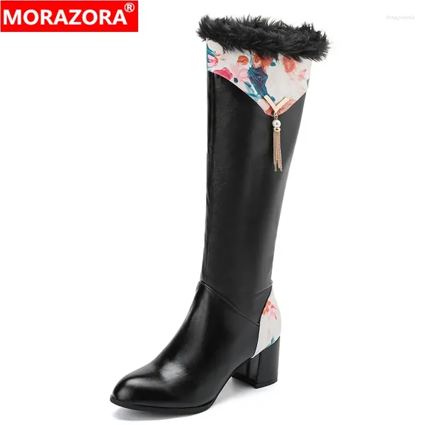 Botas Morazora Grande tamanho 34-43 Mulheres grossas saltos altos zíper com zíper Tassel Autumn Winter Ladies