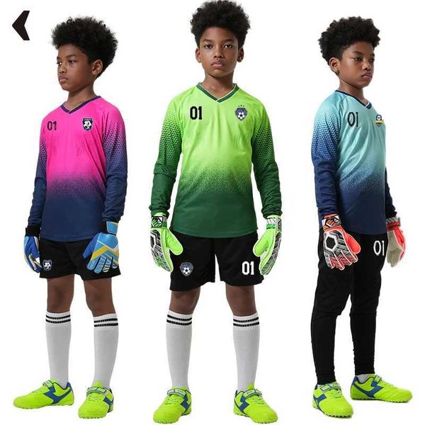 Jerseys Kids Soccer Jersey Jersey Ldrens Football Goolkeeper Uniforme Treinamento de futebol ao ar livre Cirtas de mangas compridas para meninos H240508