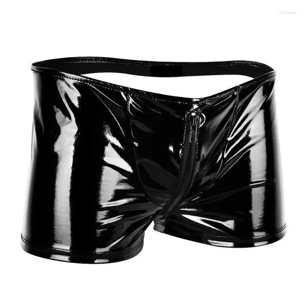 Underpants Plus Size 4xl sexy zurück Hollow Out Herren Unterwäsche Boxer PVC Leder Reißverschluss Männlich Gay Club Erotik Tanz Mini kurz