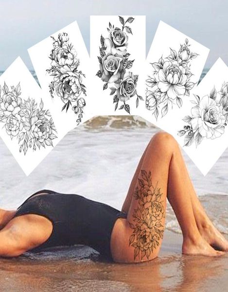 Tatuaggi temporanei sexy fiore per donne per la pittura della carrozzeria gambe tatuare adesivi realistici realistici rosa nera tatuatore impermeabile tatuaggio5401723