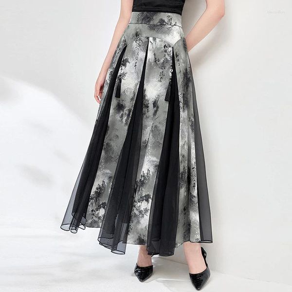 Saias Vintage de estilo chinês para mulheres 2024 Verão elegante moda de moda cetim saia de malha de retalhos A-line Long feminino