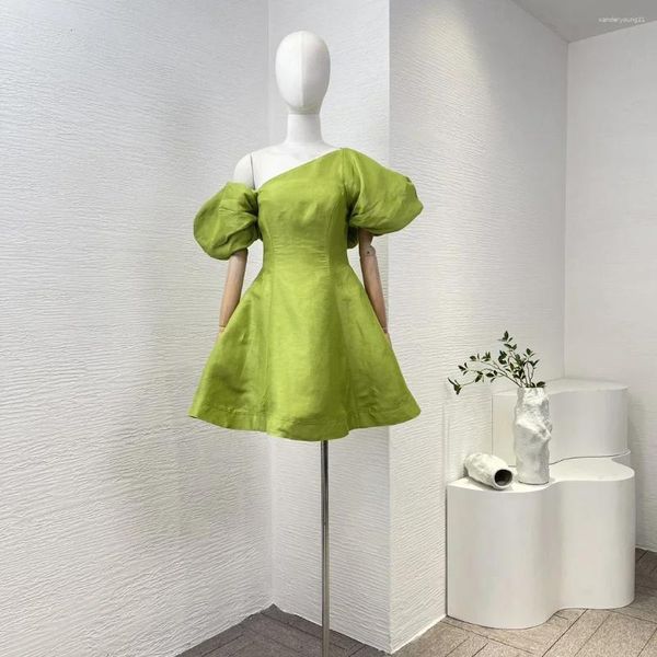 Vestidos de festa estes de verão de alta qualidade rosa verde rosa vermelha colar self slow back de volta mini vestido de manga curta para mulheres