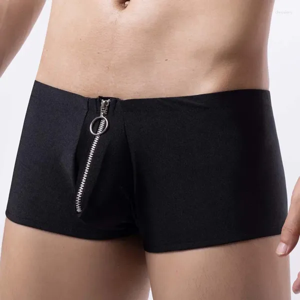 Underpants sexy Low-Rise-Boxer-Shorts für Männer Unterwäsche Reißverschluss Beutel Boxer Fetisch Gay Bulge Large Penis Höschen exotische Dessous