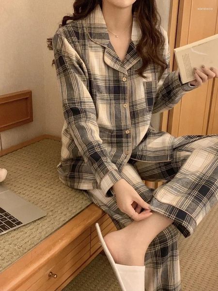 Sonowlee feminino 2024 Pijama Conjunto de outono/inverno calças de manga comprida Camisa xadrez cinza Loungewear pode ser desgastado