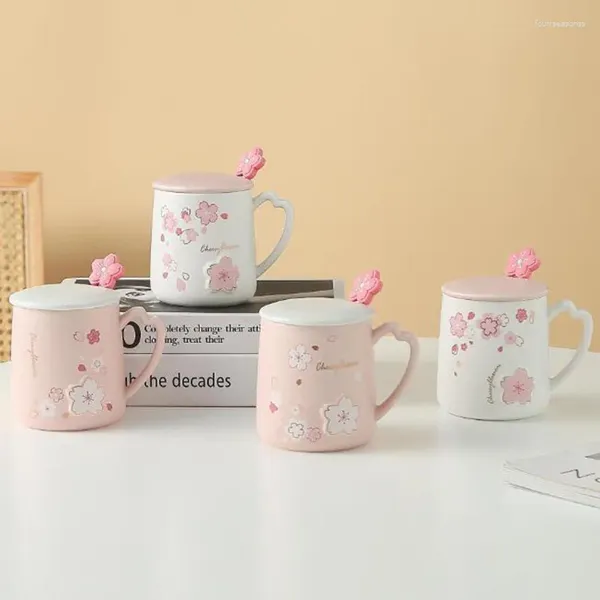 Tazze in ceramica simpatica rosa colore bianco color ciliegia fiore modello di fiori tazza per latte per latte in ufficio con un cucchiaio e coperchio