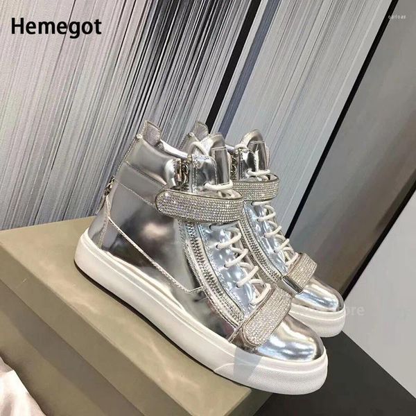 Sapatos casuais Silver Rhinestone lateral zíper tampo alto liso para homens de metal diamante fivela de casal Boots Boas de tornozelo