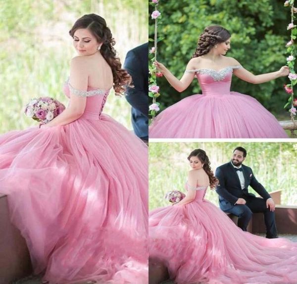 Vestido de bola rosa romântico vestidos de noiva do ombro de cristal strass de cristal vestidos de recepção de espartilho vestidos de noiva7735777