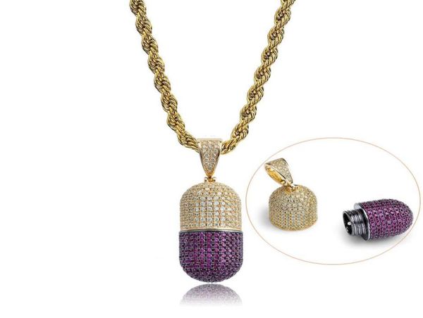 O colar de pingente de cápsula de hip hop pode ser desaparafusado de zirconia cúbica completa com aço inoxidável Chain2834820