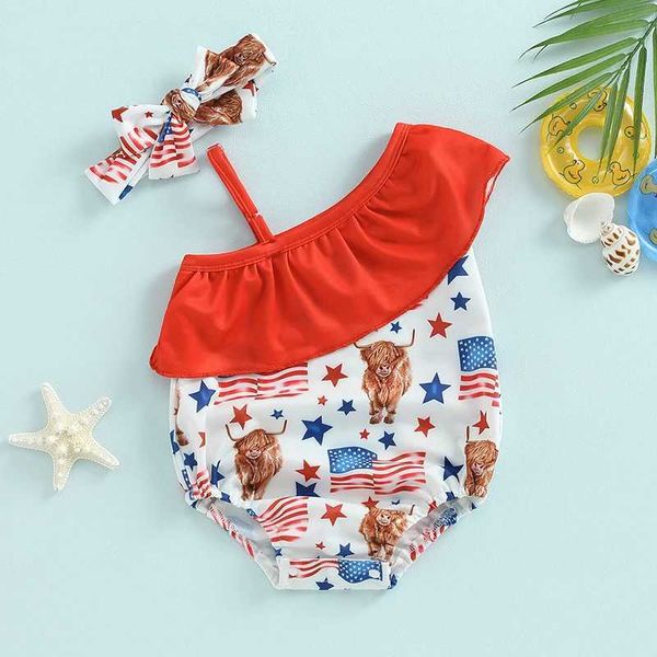 Pieces Independence Day Kids Girl Swimses Swims Flag Print One ombrofs e Bands de banheiro de cabeça de cabeça Ternos de banho H240508