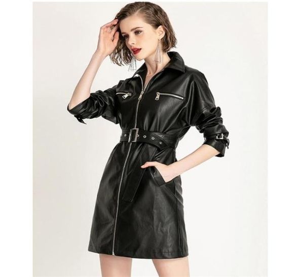 Nerazzurri Black Leather Dress Женщины с множеством карманов винтаж элегантный весенний плюс размеры миди -платье женщин 2020 Fashion LJ2016382682