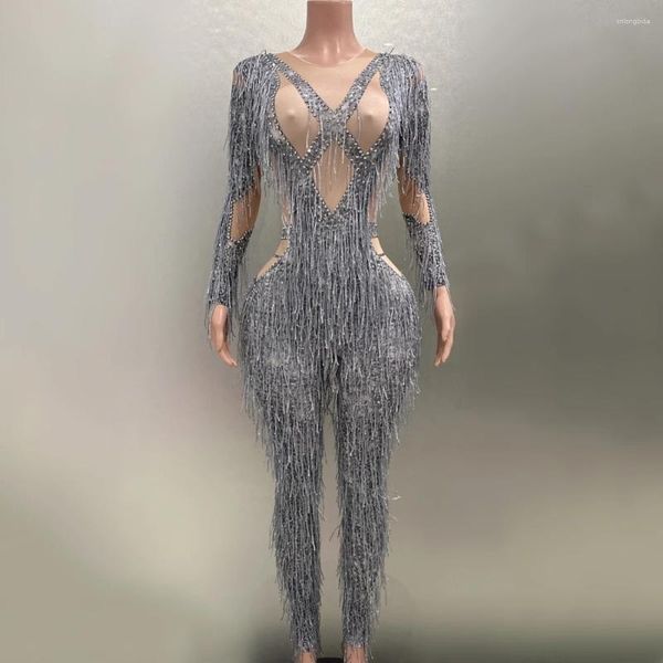 Vestidos de passarela Mulheres Manga longa Sexy Bodycon Grey Tassel Trechsuit Mumpsuit Bar Dançarina Dangueira de boate Festem Festume Fear