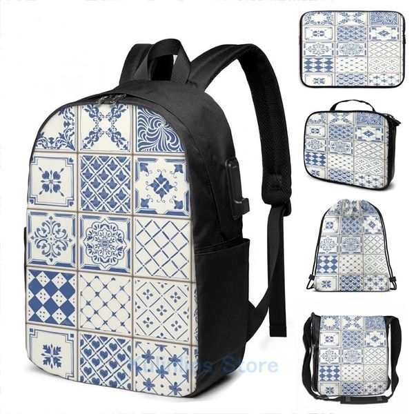 Rucksack lustiger Grafikdruck Azulejo Azulejos Lissabon Portugal USB -Ladung Männer School Taschen Frauen Bag Travel Laptop
