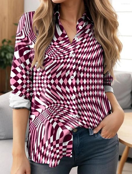 Damenblusen Hemden rot lila grüne 3D -Scheck -Druckknopf Langarm Casual Hemd Kragen Fit 2024 Frühling Fall Tops