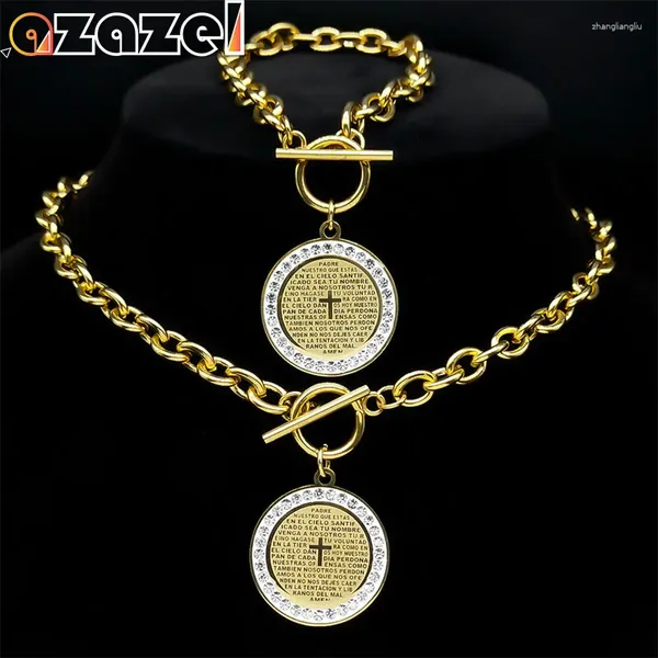 Orecchini di collana set Crystal Spanish Bible Cross Bracciale Donne uomini Hip Hop Hop inossidabile Oro Colore oro religioso cristiano religioso