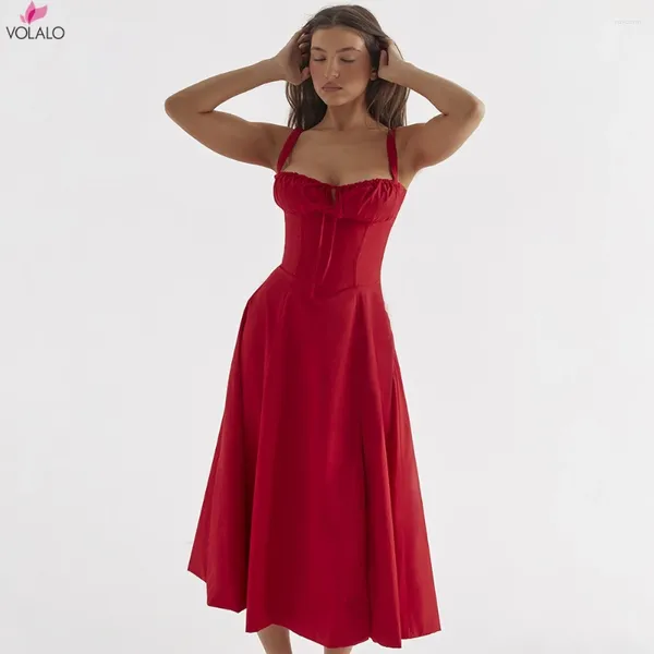 Vestidos casuais Volalo Elegant A Line Midi Dress Sexy Spaghetti Strap Lace Up Red Holiday Party Split Summer Women 2024