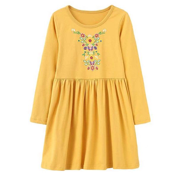 Kız Elbiseleri Atlama Metre 4-8t Sarı Çocuk Okulu Elbiseler Çiçek Nakış Uzun Kollu Sonbahar Çocuklar Doğum Giyim Çocuk Kostüm Frockl2405