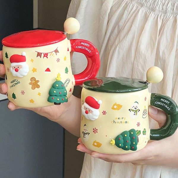 Fincan tabakları güzel Noel kahve kupası kapak ve kaşık seramik sevimli Noel suyu yaz kış içecek eşyaları hediye