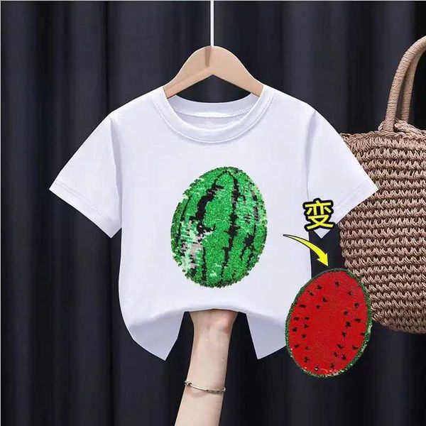 T-Shirts Neue LDREN-Pailletten-Cartoon Panda Wassermelonen Farbwechsel Kurzarm Jungen und Mädchen Baumwoll Erdbeer Diol T-Shirt H240508